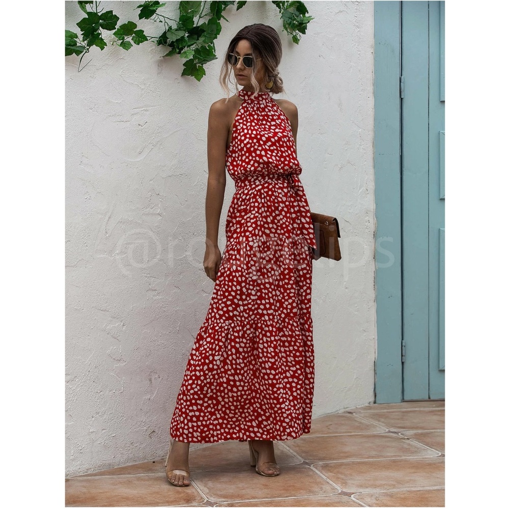 Spotted Print Maxi Dress Tie Belt High Neck White Red Long Flared Halter - Picture 7 of 11